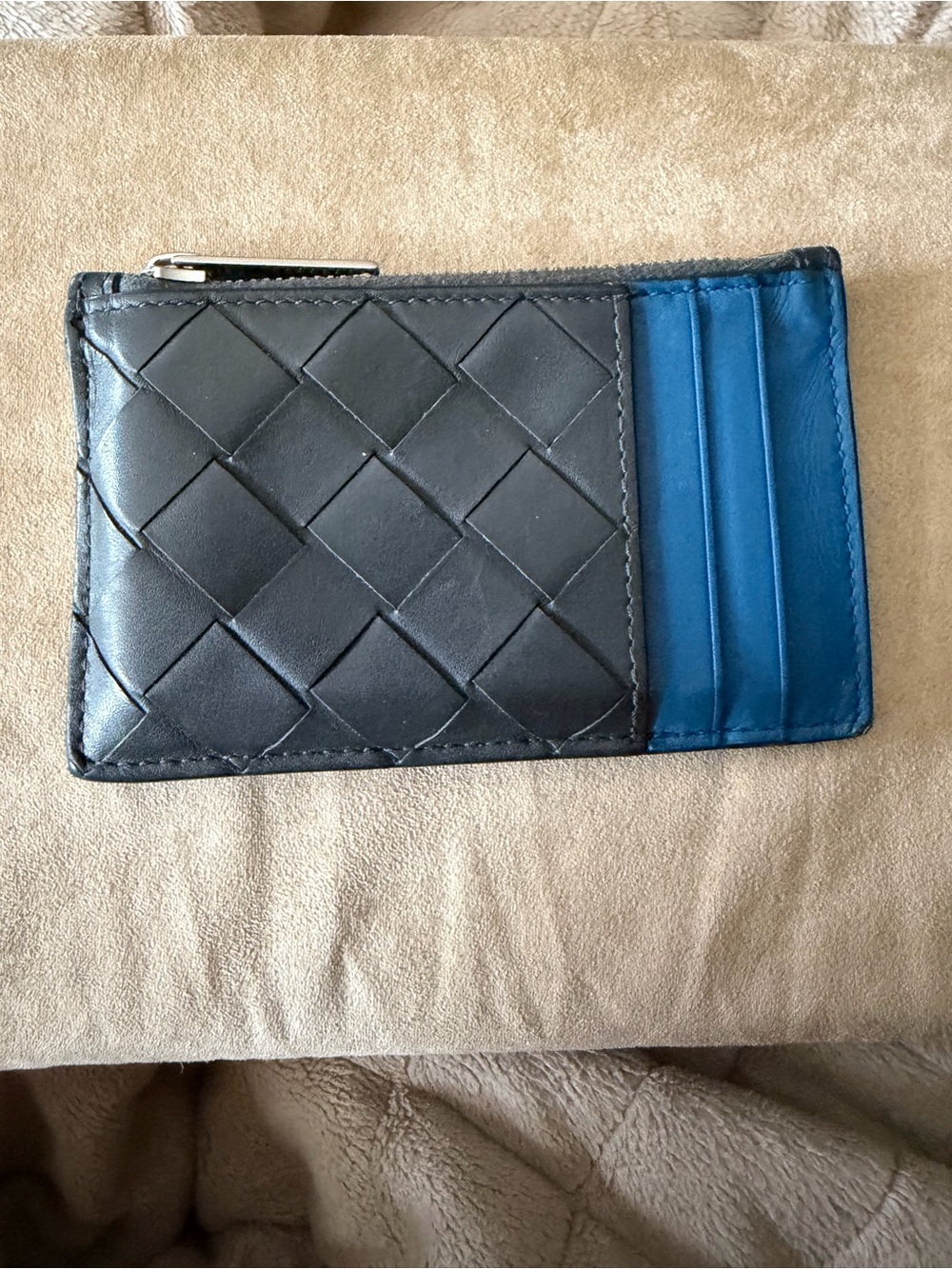 Bottega Veneta Black & Royal Blue Intrecciato Woven Leather Card Holder